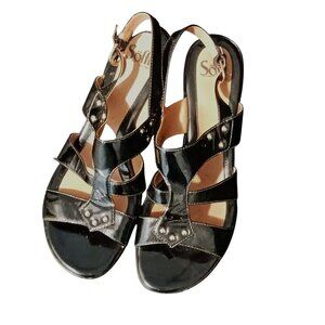 Sofft Black Patent‎ Leather Studded Wedge Sandals Size 10 w/ Adjustable Strap